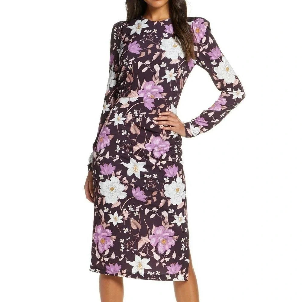 ELIZA J FLORAL LONG SLEEVE BODY-CON MIDI DRESS IN AUBERGINE size 2